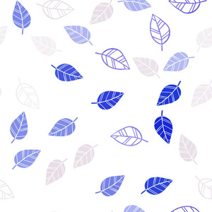 浅粉红色蓝色矢量无缝涂鸦背景与叶子。 彩色抽象插图与树叶涂鸦风格。 织物壁纸设计图案。