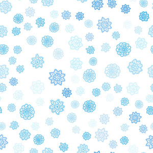 浅蓝色矢量无缝图案与圣诞雪花。 闪耀的彩色插图与雪在圣诞节风格。 纺织品壁纸设计。