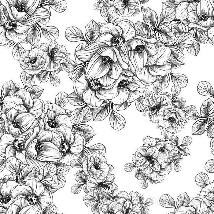 无缝复古风格的花型黑白花元素