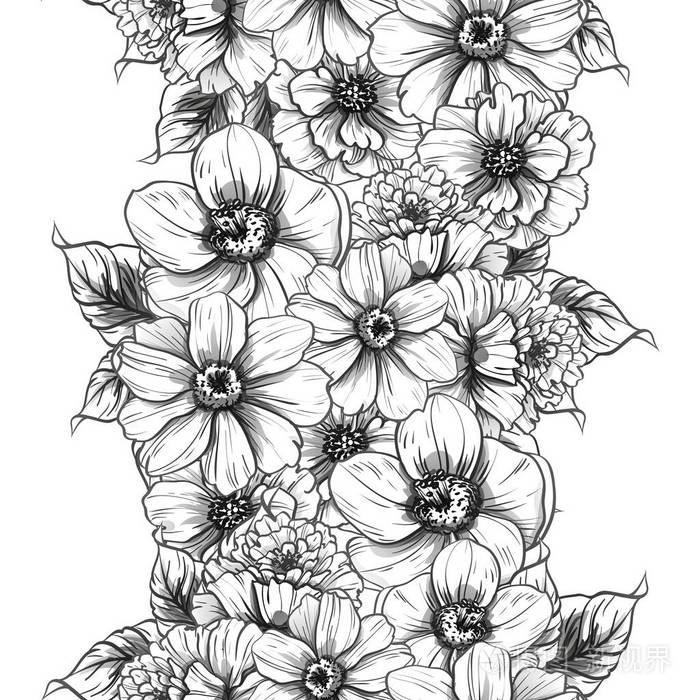 无缝复古风格的花型黑白花元素