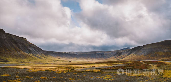 冰岛山区山谷中绿色和多叶的牧场景观。