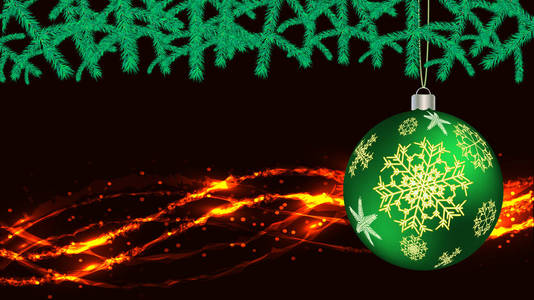 美丽的节日圣诞明信片与新年圆形绿色球, 圣诞树装饰与云杉树枝上的雪花图案在一个抽象的火热神奇的背景