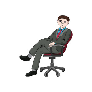 一个商人男孩坐在办公椅上。 向量