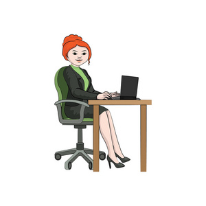 女商人女女孩在一张带笔记本电脑的桌子上。 矢量彩色插图