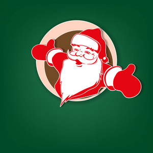 圣诞卡深绿色，红色的圣诞老人剪影在一个圆形的框架。