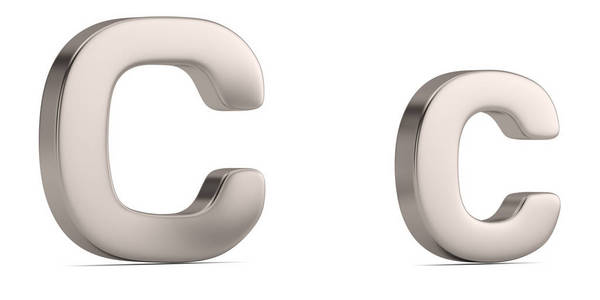 字母c来自白色背景上孤立的钢制实心字母表。3D图案