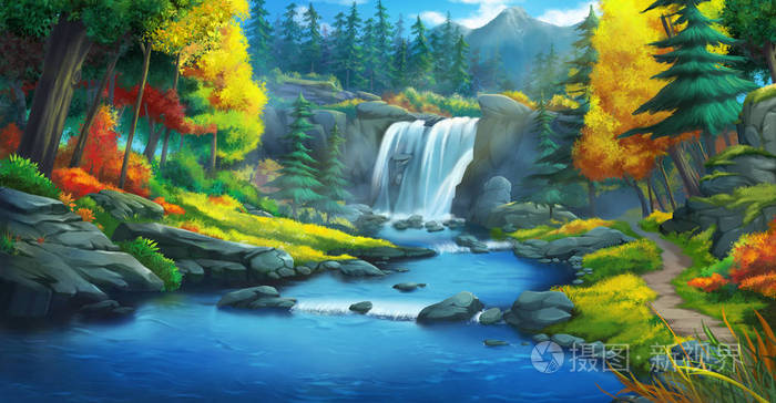 瀑布森林 小说背景 概念艺术 真实的插图 电子游戏数字cg艺术作品 自然风景 照片 正版商用图片15d656 摄图新视界