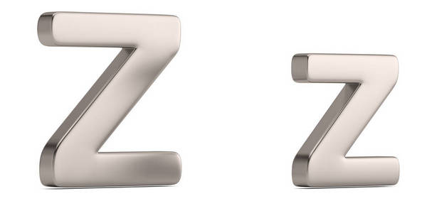 字母z来自白色背景上孤立的钢实心字母表. 三维插图.照片