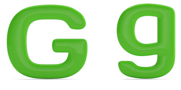 光泽颜色固体字母g隔离在白色背景上。 三维插图。