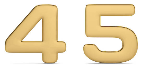 数字4和5从黄金固体字母分离在白色背景上。 三维插图。