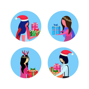 设置混合种族妇女拿着礼品盒快乐新年快乐圣诞节概念女性面孔头像个人资料收集卡通人物肖像隔离