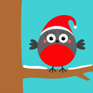 金雀冬红羽鸟坐在树枝上。 圣诞老人帽。 可爱的卡通婴儿角色。 圣诞快乐。 新年。 贺卡。 平面设计。 蓝色背景。 矢量插图