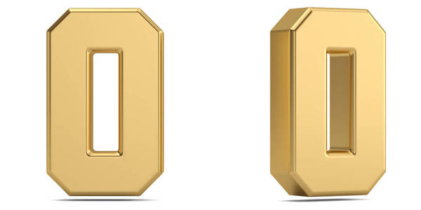 数字0从金实体字母分离在白色背景上。 三维插图。