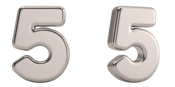 数字5从钢实字母表孤立在白色背景。 三维插图。