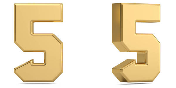 数字5从黄金固体字母分离在白色背景上。 三维插图。