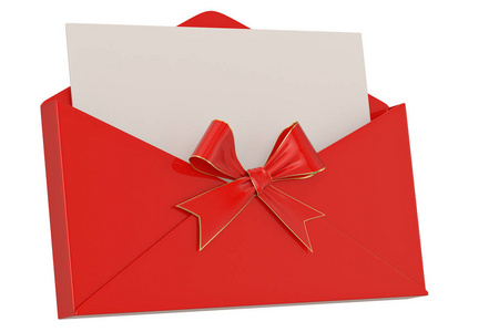 红色邮件与弓隔离在白色背景3D插图。