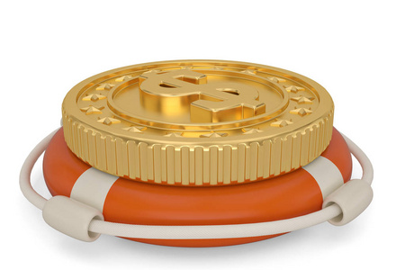 救生圈和大金币隔离在白色背景3D插图。