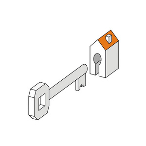 图像键与房子。 标志符号矢量插图程式化建筑和公寓钥匙锁。 新住房的概念购买。 专业房地产商销售及建造新公寓