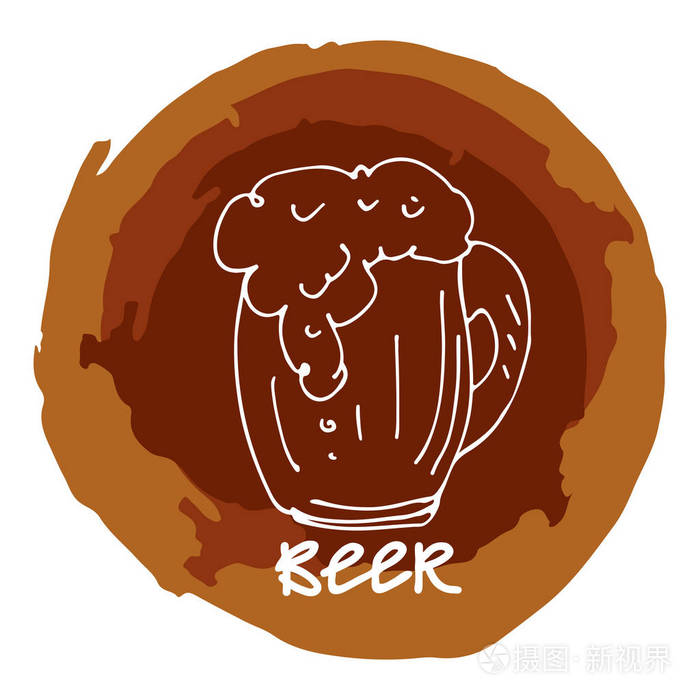 手绘啤酒杯与啤酒颜色框架隔离在白色背景。 为餐厅或酒吧设计元素啤酒菜单。