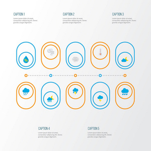 天气图标扁平风格设置与下雨, 冰雹, 闪电和其他雨元素。独立的插图天气图标