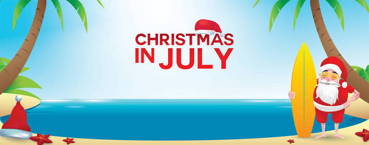 圣诞节在六月，八月，海报营销广告，夏季销售贺卡。 夏日圣诞老人，有文字复制空间