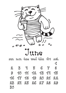 日历页与可爱的涂鸦猫隔离在白色背景.