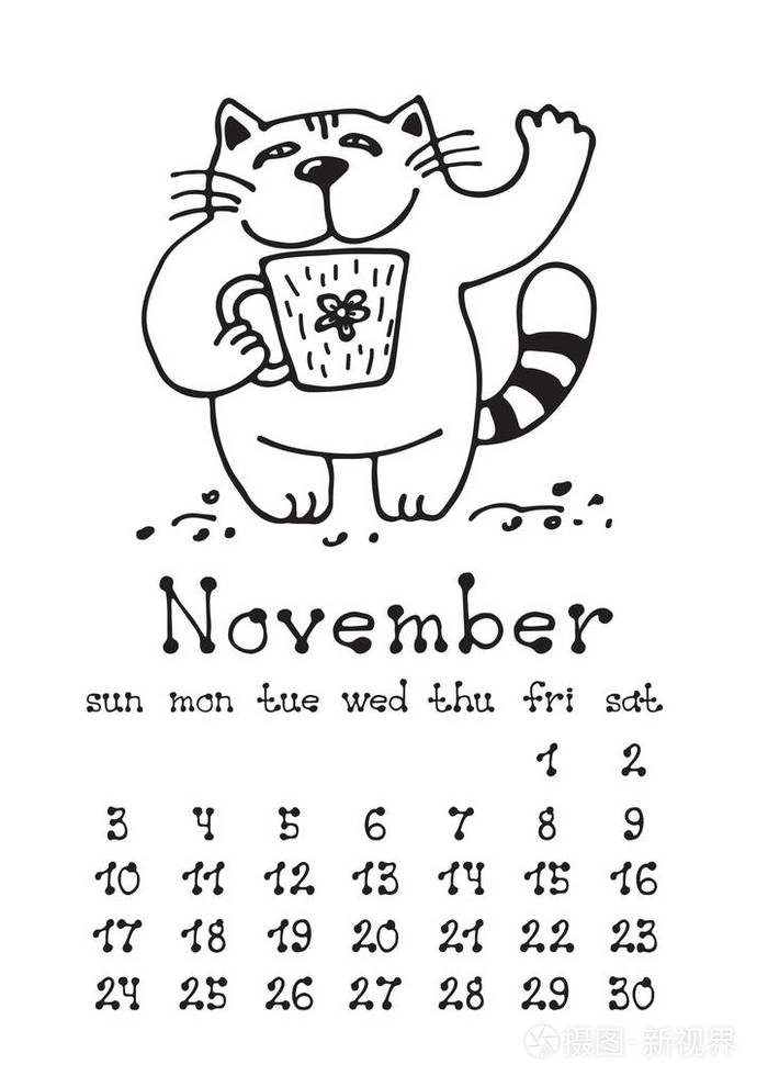可爱的涂鸦猫隔离在白色背景墙月日历或办公桌日历2019年11月手绘风格