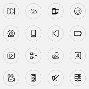 音乐图标线条风格设置与智能手机, 网络摄像头, 同步和其他广播元素。独立的插图音乐图标
