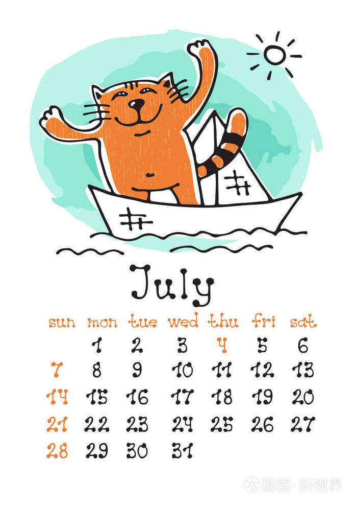 墙壁月历或办公桌日历2019年.7月. 手绘风格.