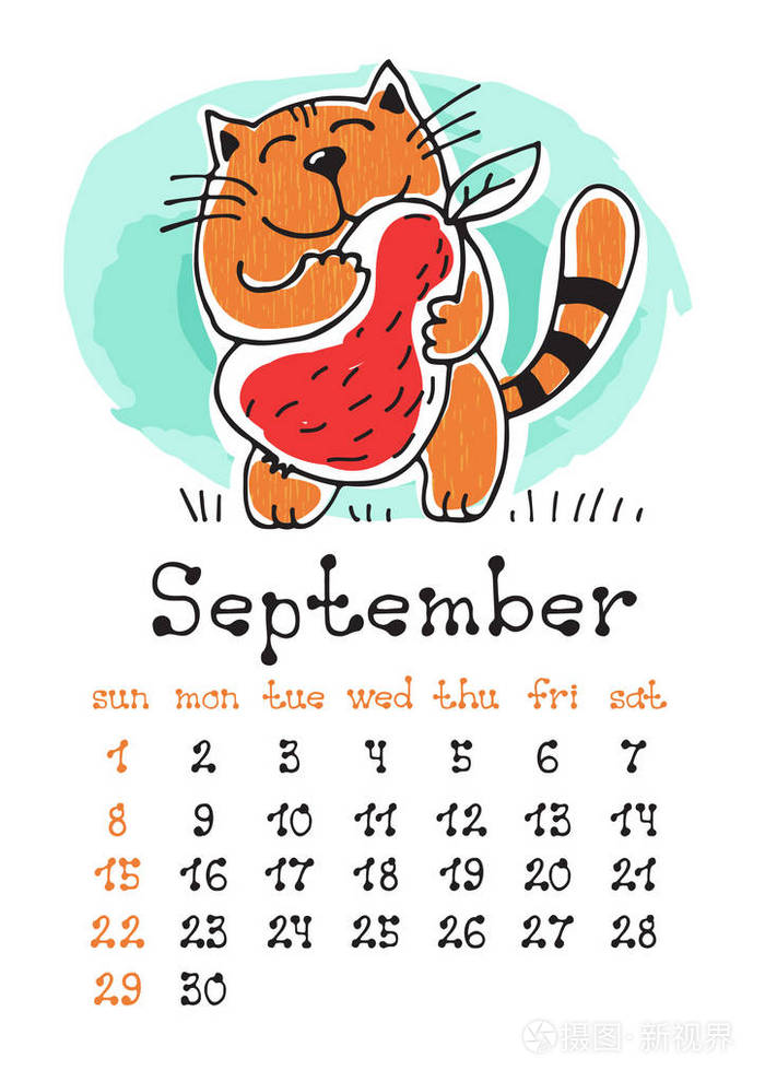 日历页与可爱的涂鸦猫隔离在白色背景墙月日历或办公桌日历2019年9月