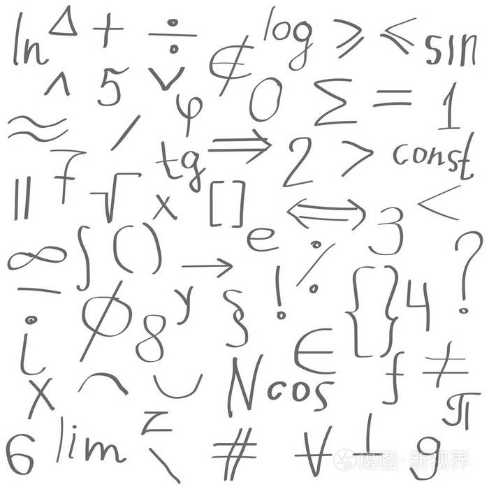 白色背景上的数学手绘涂鸦基本字符矢量图