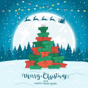 假日装饰。 圣诞树从礼物蓝色冬季背景与字母圣诞快乐和新年快乐插图。