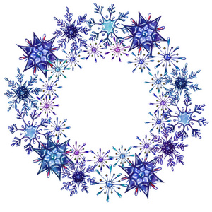水彩雪花圆形框架。 冬季卡模板与地方为您的文本。 圣诞装饰花圈及新年设计