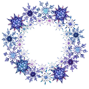 水彩雪花圆形框架。 冬季卡模板与地方为您的文本。 圣诞装饰花圈及新年设计