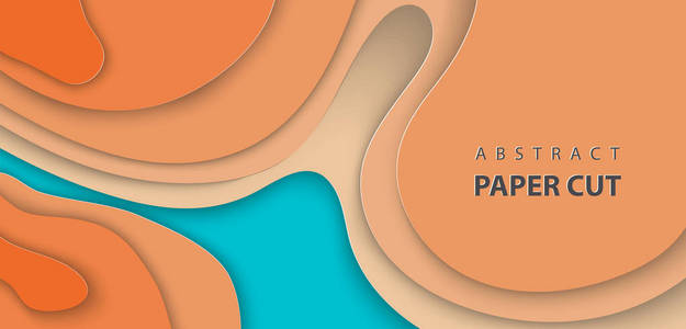 矢量背景与蓝色和橙色彩色纸切波形状。 三维抽象纸艺术风格设计布局为商业演示传单海报打印装饰卡小册子封面。