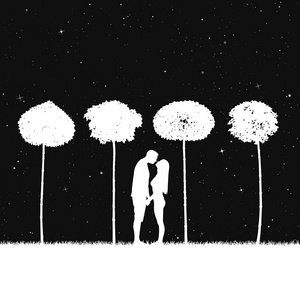 矢量插图与爱的夫妇的轮廓。星空下有枫树的景观。黑白颠倒