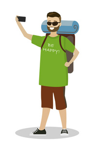 欧美矢量卡通年轻的白种人背包客做自拍,男性带背包,在白色背景上隔离