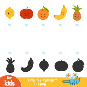 找正确的影子,给幼儿游戏.带着滑稽面孔的水果照片