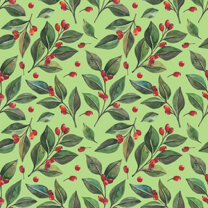 无缝图案与水彩绿叶和红色浆果的巴宝莉手绘图像。 背景适合织物纸和网站背景等。