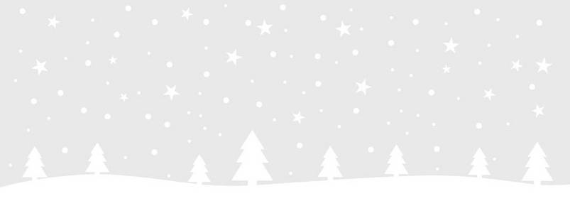 白色冬季景观雪花和星星的宽浅灰色圣诞卡或横幅