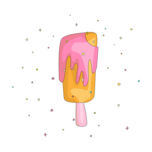 可爱的甜色冰棒与粉红色的卡通装饰。甜蜜的夏天冰棒甜点。彩色冰淇淋卡通图标。冷冻搞笑橙色冰淇淋
