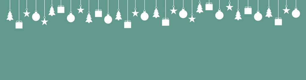非常宽的绿色简单的圣诞横幅或背景与白色悬挂的圣诞装饰