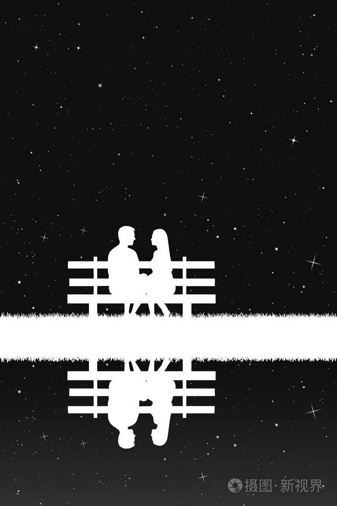 矢量插图与爱的夫妇在星空下的剪影. 颠倒黑白