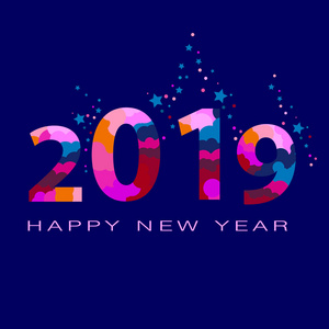 矢量豪华新年快乐2019年贺卡与有色金属丝。优雅的书法字母