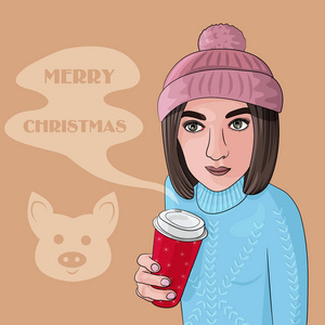 一个女孩的矢量插图与咖啡为圣诞快乐