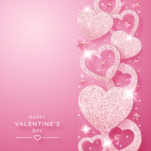 情人节垂直背景与闪亮的粉红色的心和五彩纸屑。假日卡片例证在粉红色背景。闪闪发光的粉红色的心与闪闪发光的纹理