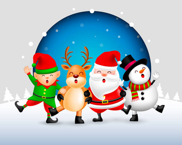 有趣的圣诞人物设计在雪背景圣诞老人，雪人精灵和驯鹿。 圣诞快乐和新年快乐的概念。 在蓝色背景上隔离的插图。