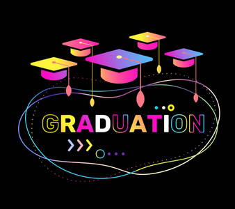 黑色背景下彩色毕业帽和单词毕业的矢量插图。 祝贺2018届毕业生毕业典礼。 带帽子的霓虹灯效果平面设计贺卡横幅