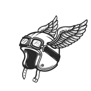 白色背景上有翅膀的赛车头盔。 标志标签标志的设计元素。 矢量图像