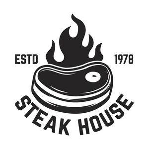 割肉牛排馆. 切肉和交叉割肉. 标志标签标志的设计元素. 矢量插图照片